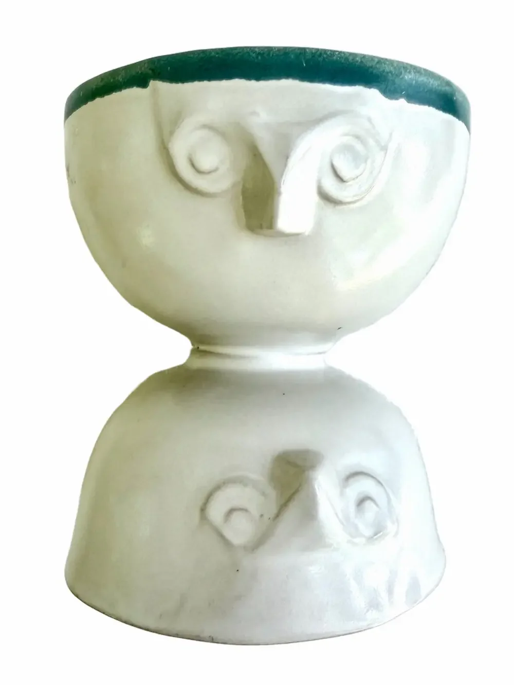 2 Vintage MCM Design Danish Ceramic Owl Faces Double Pedestal Bowls RARE
